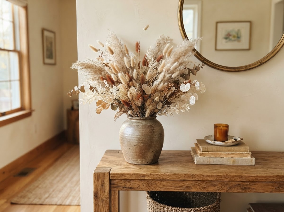 Dried floral installation with pampas grass in a ceramic vase on an oak console table