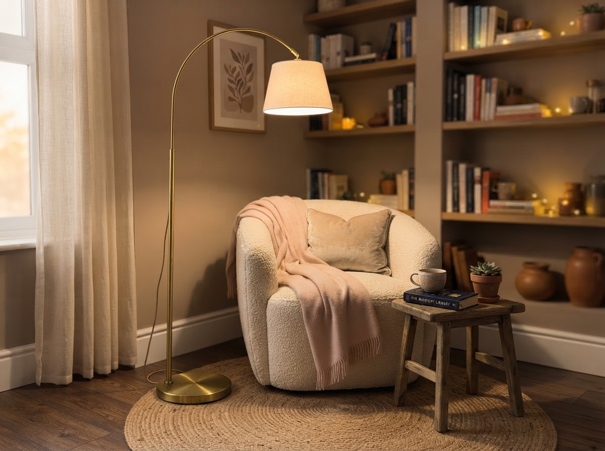 Slim brass gold arc floor lamp over a cream reading chair in a cozy corner
