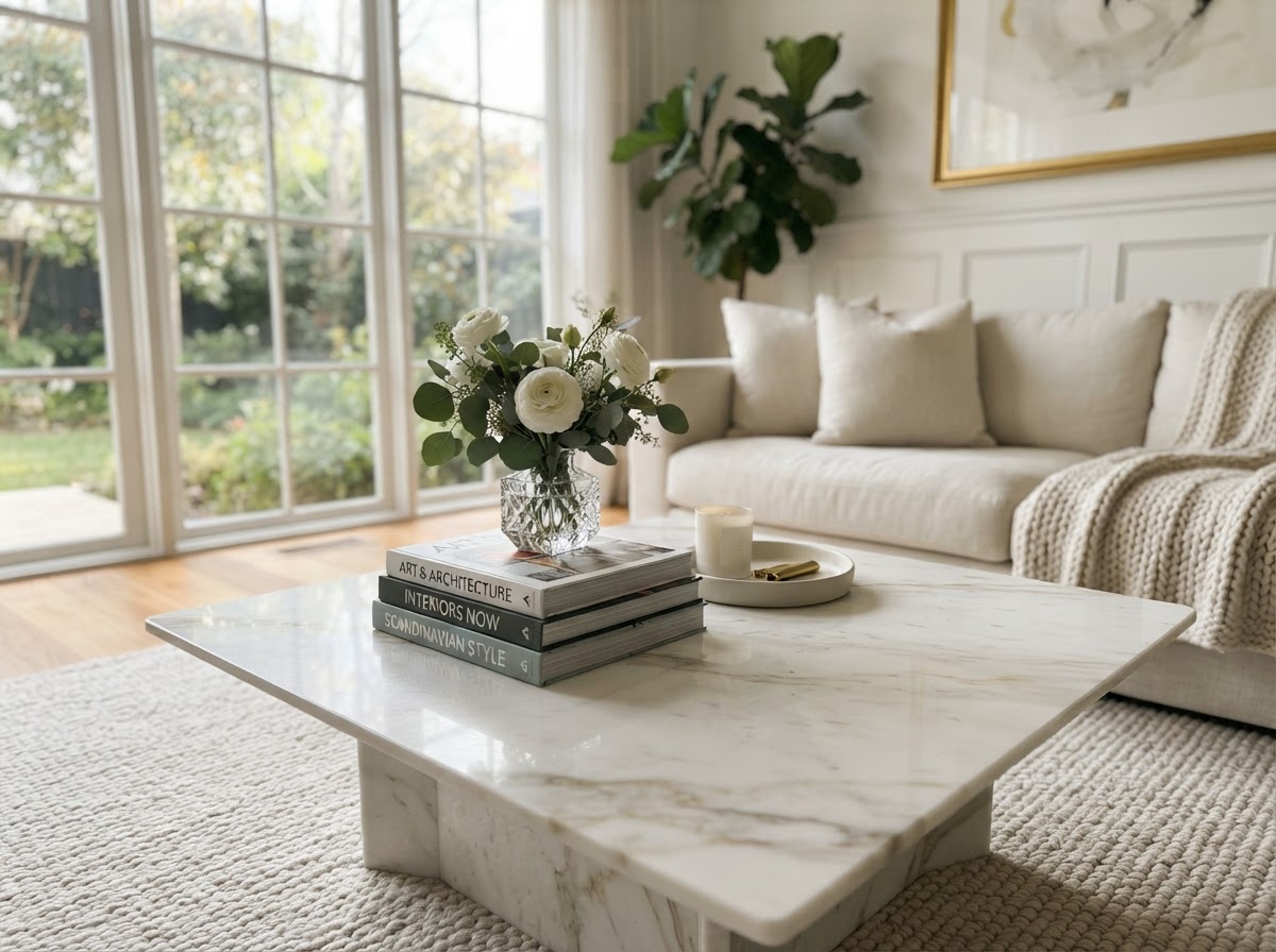 White marble coffee table with gold veining styled with art books and a crystal vase