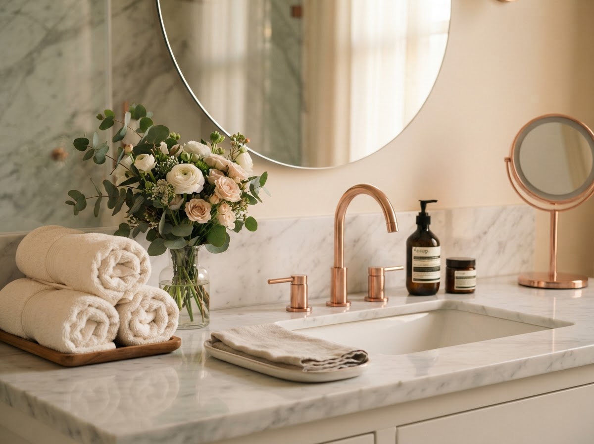 White marble bathroom counter with rose gold fixtures and a small vase of flowers