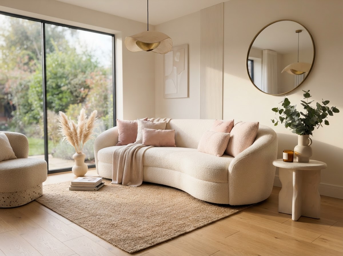 Curved cream boucle sofa in a bright living room with blush pillows