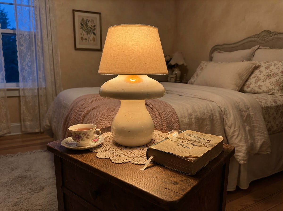 Vintage cream mushroom table lamp on a nightstand with a book