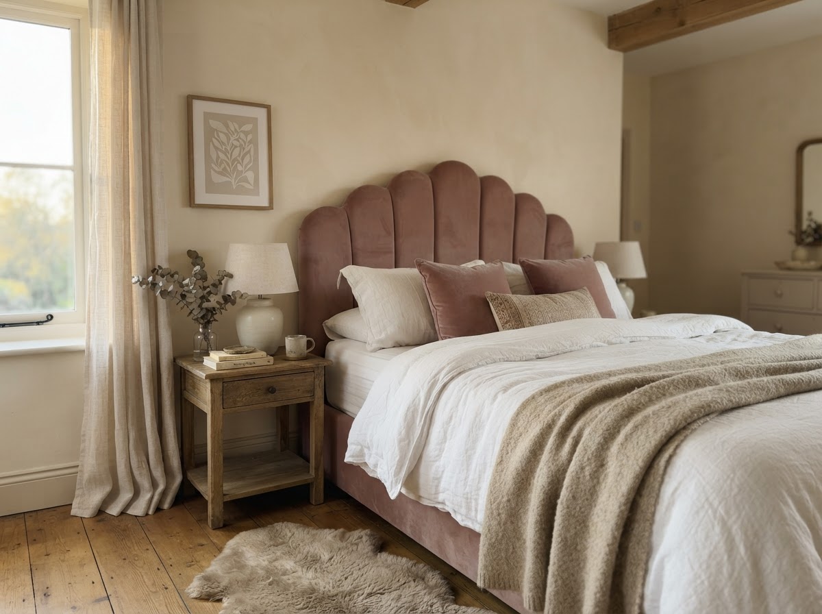 Dusty rose velvet scalloped headboard with white linen bedding in soft morning glow