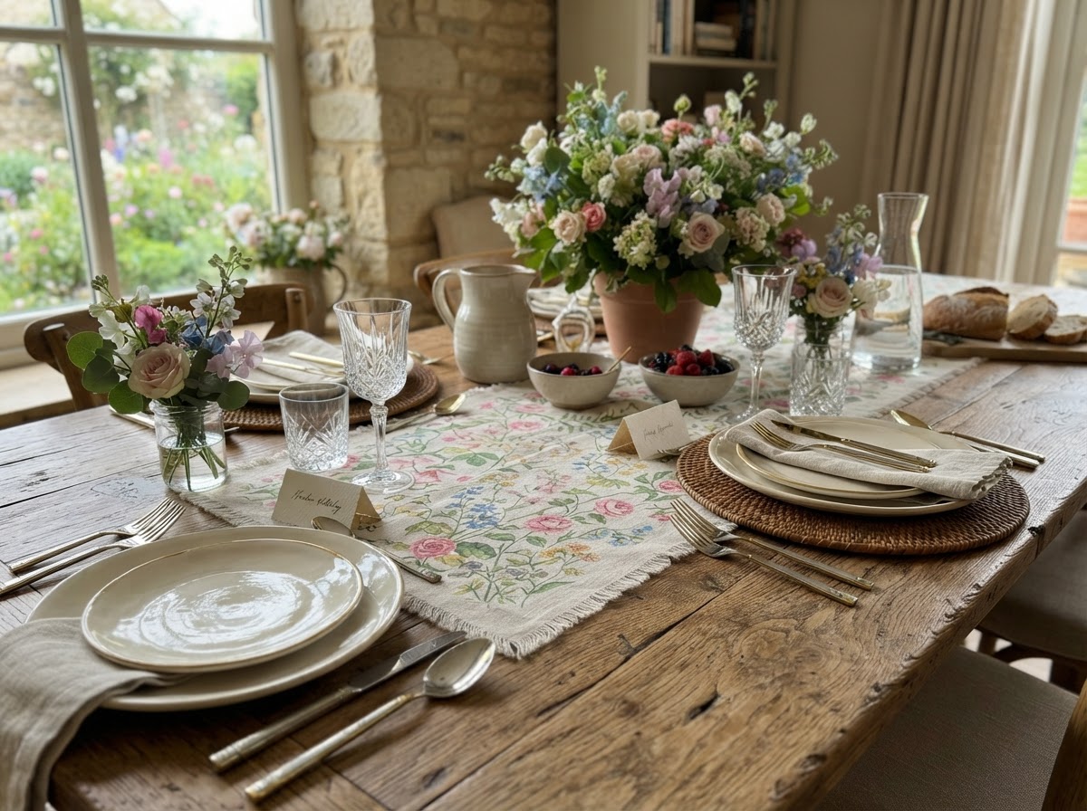Floral printed linen table runner on a rustic oak dining table with cream plates