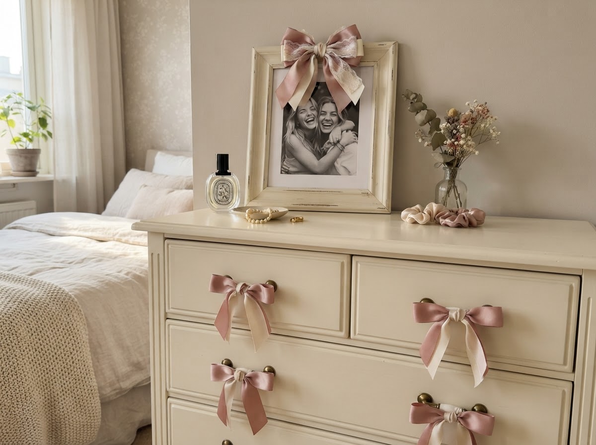 Decorative silk bow accents on cream drawer pulls and a framed photo