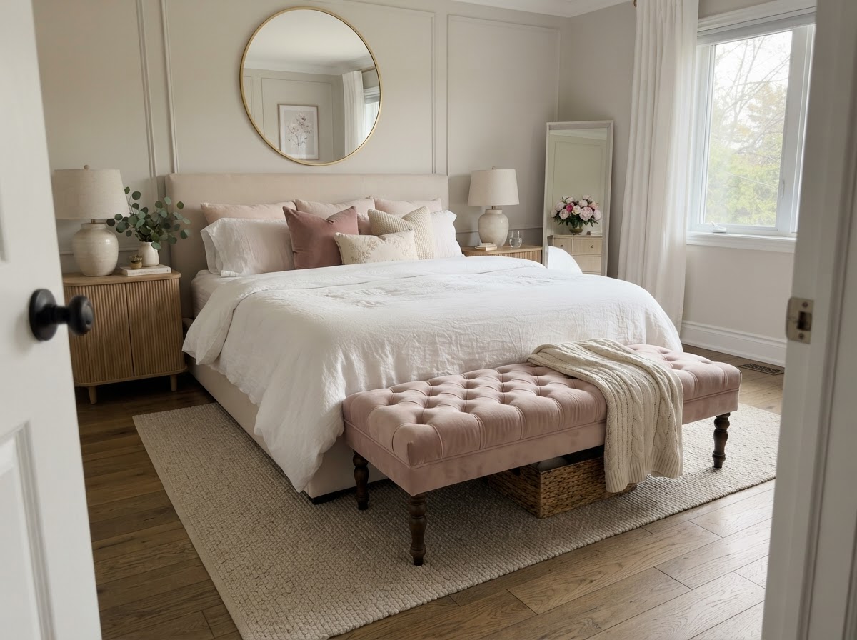 Blush velvet tufted bench at the foot of a bed with white linen
