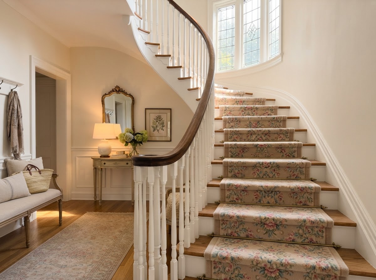 Staircase with a soft floral patterned runner and white spindles
