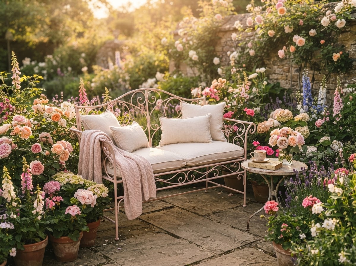 Blush wrought iron garden bench with cream cushions on a patio surrounded by flowers