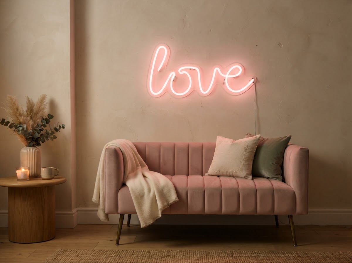 Soft pink neon word art sign on a cream plaster wall above a velvet bench
