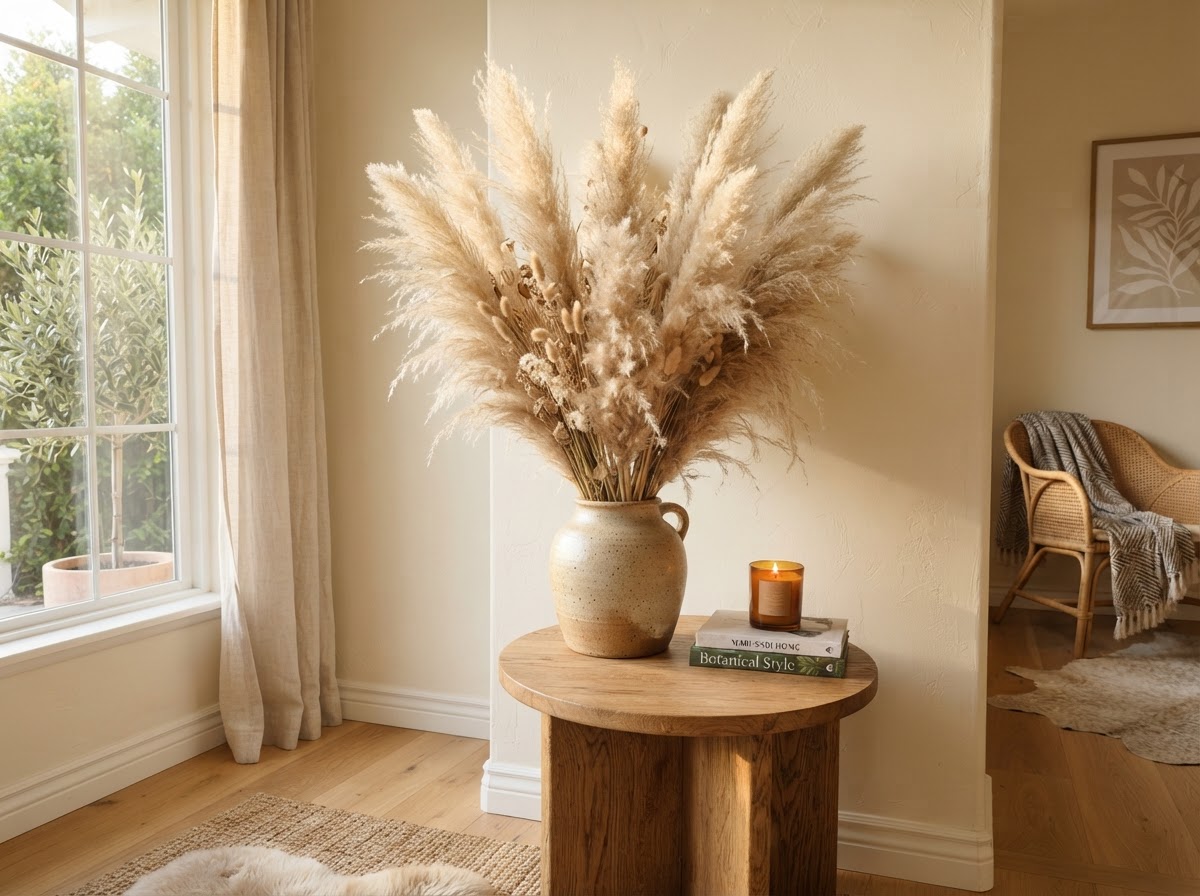 Tall arrangement of pampas grass in a ceramic vase in a bright corner