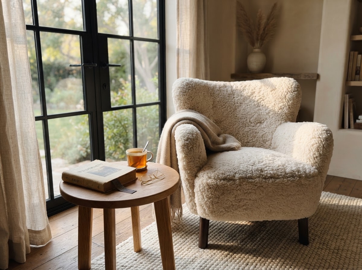 Cream shearling armchair in a cozy corner by a window with an oak side table