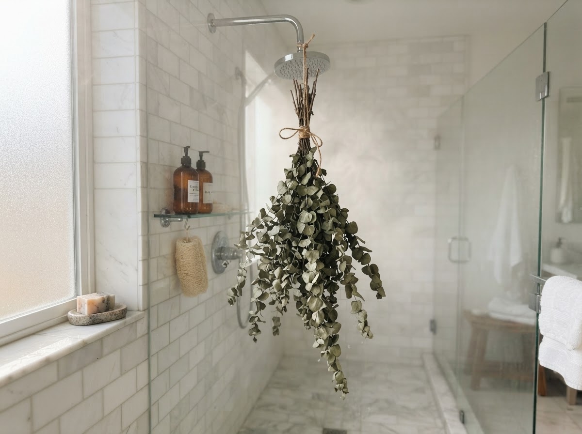 Dried eucalyptus hanging in a bright white shower with steam