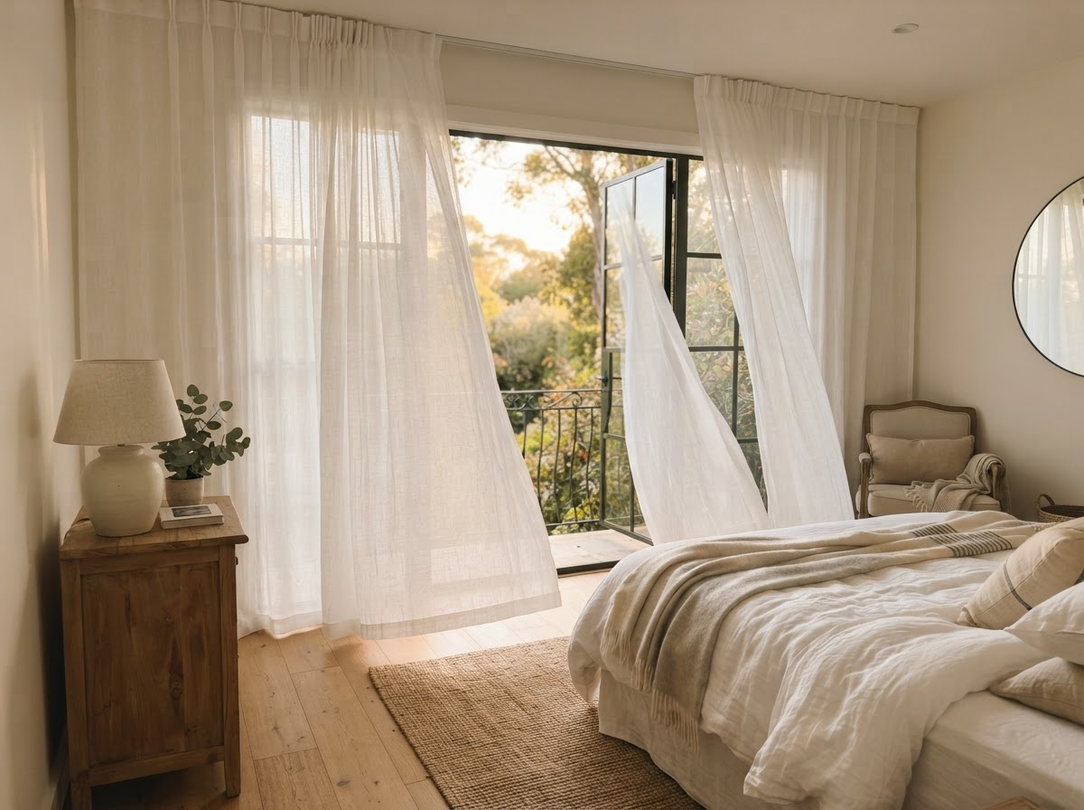 Floor-to-ceiling sheer linen curtains in a bright bedroom with soft golden light