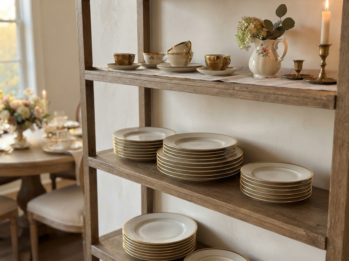 Cream plates with delicate gold rims displayed on open shelving