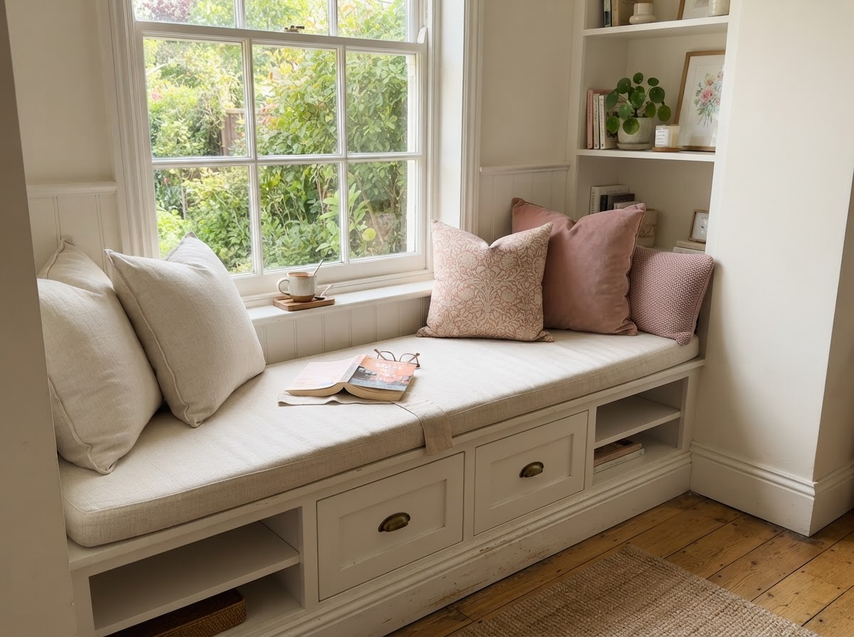 Built-in window seat with cream linen cushions and blush pillows