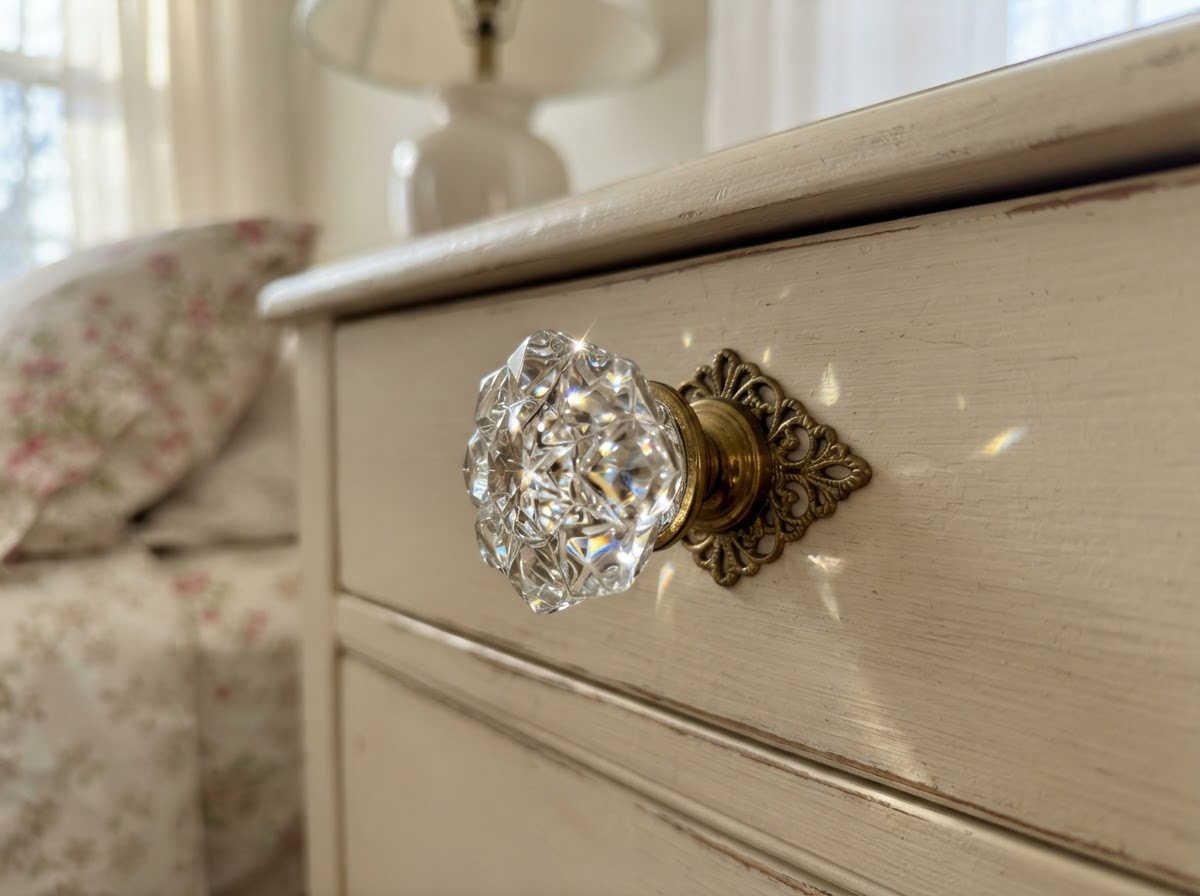 Crystal glass drawer pulls on a cream vintage dresser catching soft light