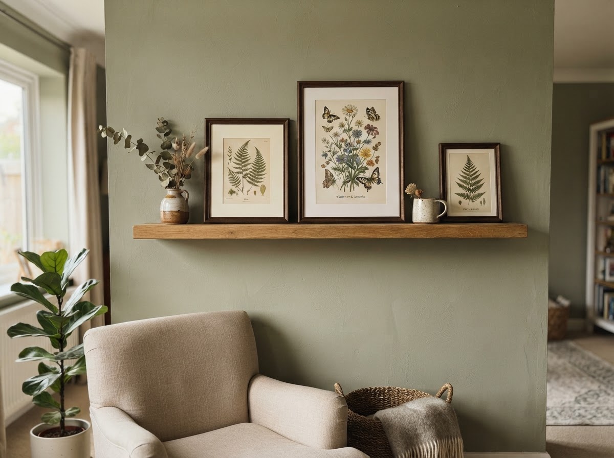 Picture ledge shelf with framed botanical prints and small ceramics on a sage wall