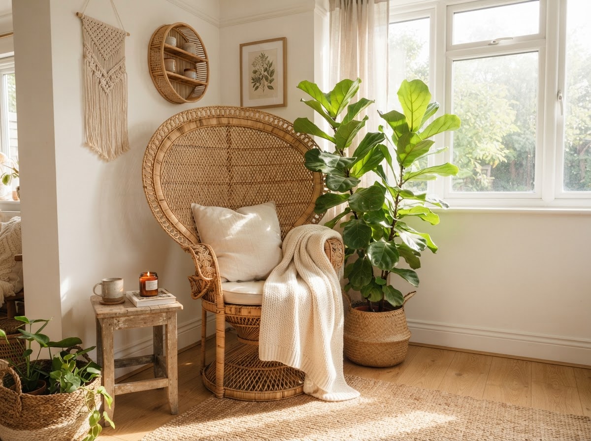 Natural rattan peacock chair in a bright corner with a cream cushion and a plant