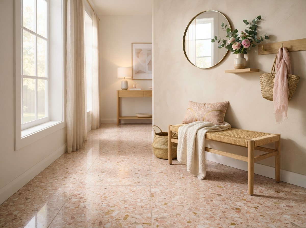 Soft pink and cream terrazzo floor in a bright entryway with a small bench