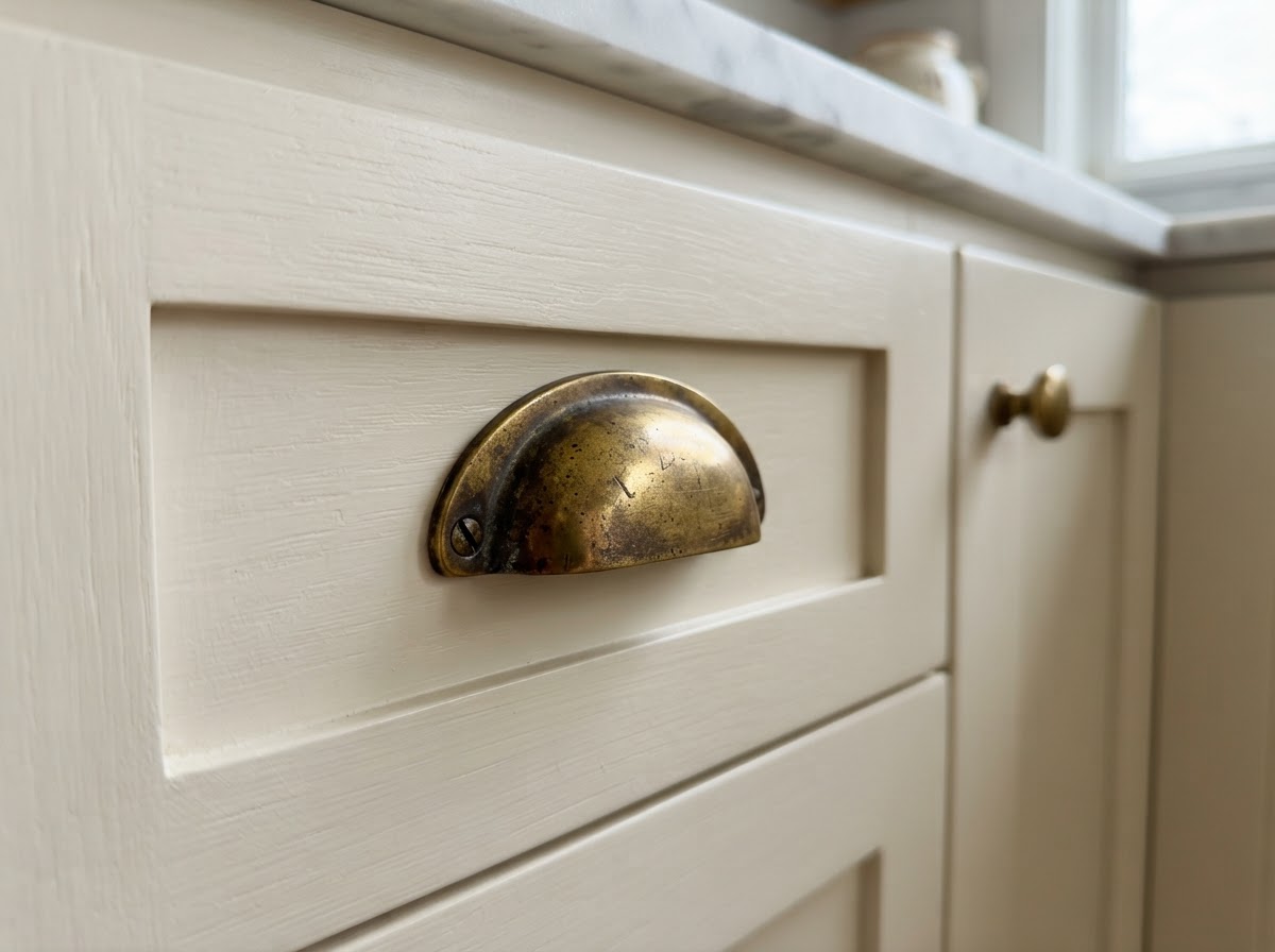 Antique unlacquered brass cabinet hardware on cream shaker cabinets