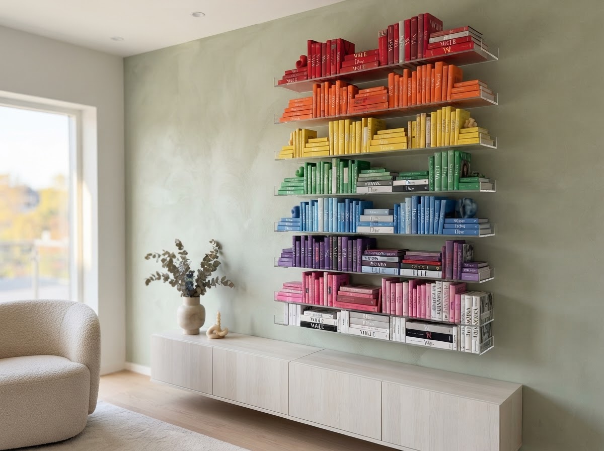 Clear acrylic floating shelves on a sage wall with colorful fashion books