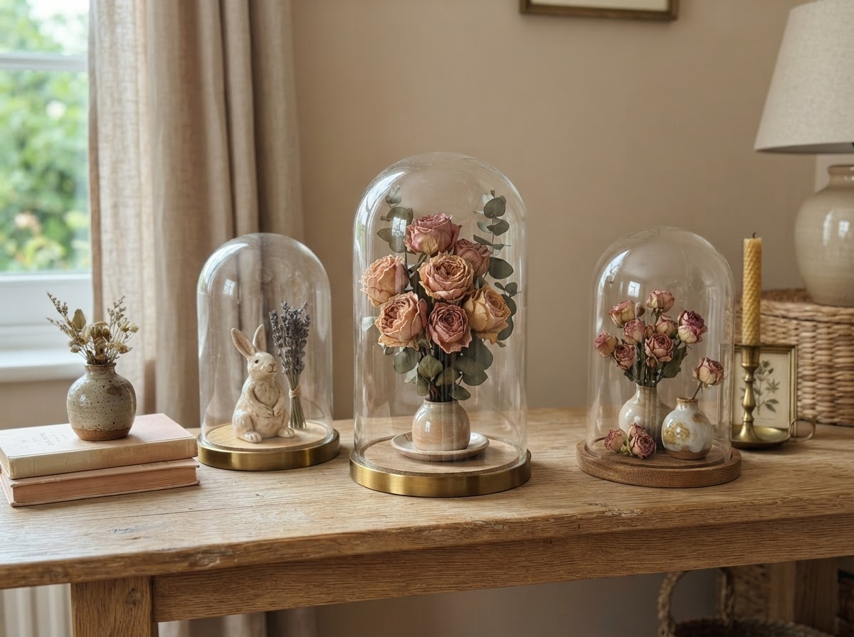 Glass cloches displaying dried roses and small ceramics on a shelf