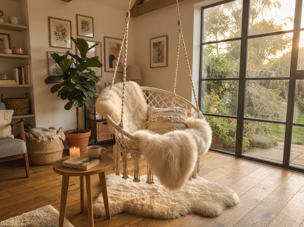 Macrame swing chair in a sun-drenched corner with a sheepskin rug