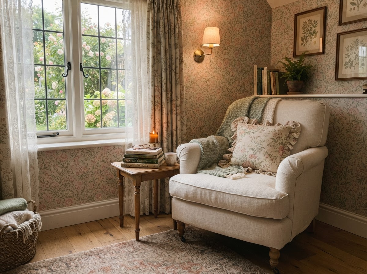 Cozy reading nook with soft floral botanical wallpaper in blush and sage