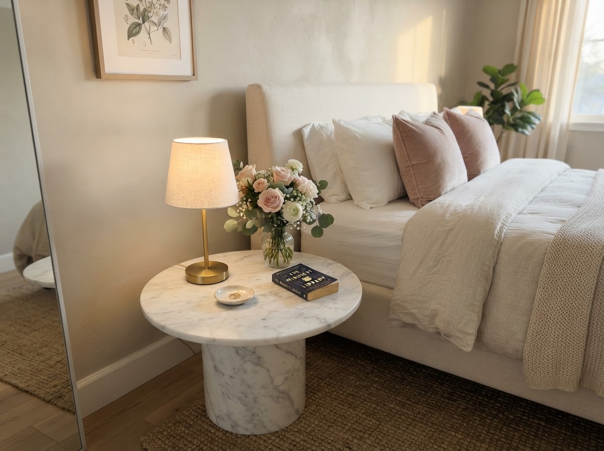 Round white marble bedside table with a lamp and a small vase of flowers