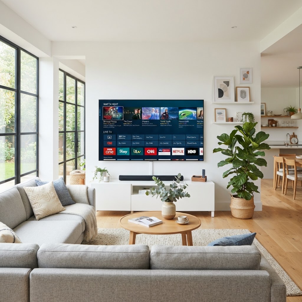 Premium IPTV streaming on a large screen TV in a modern living room