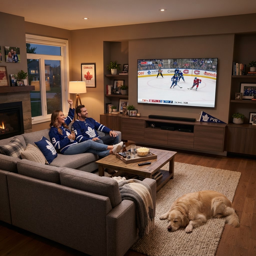 Modern home entertainment setup with IPTV streaming in a suburban Ontario home