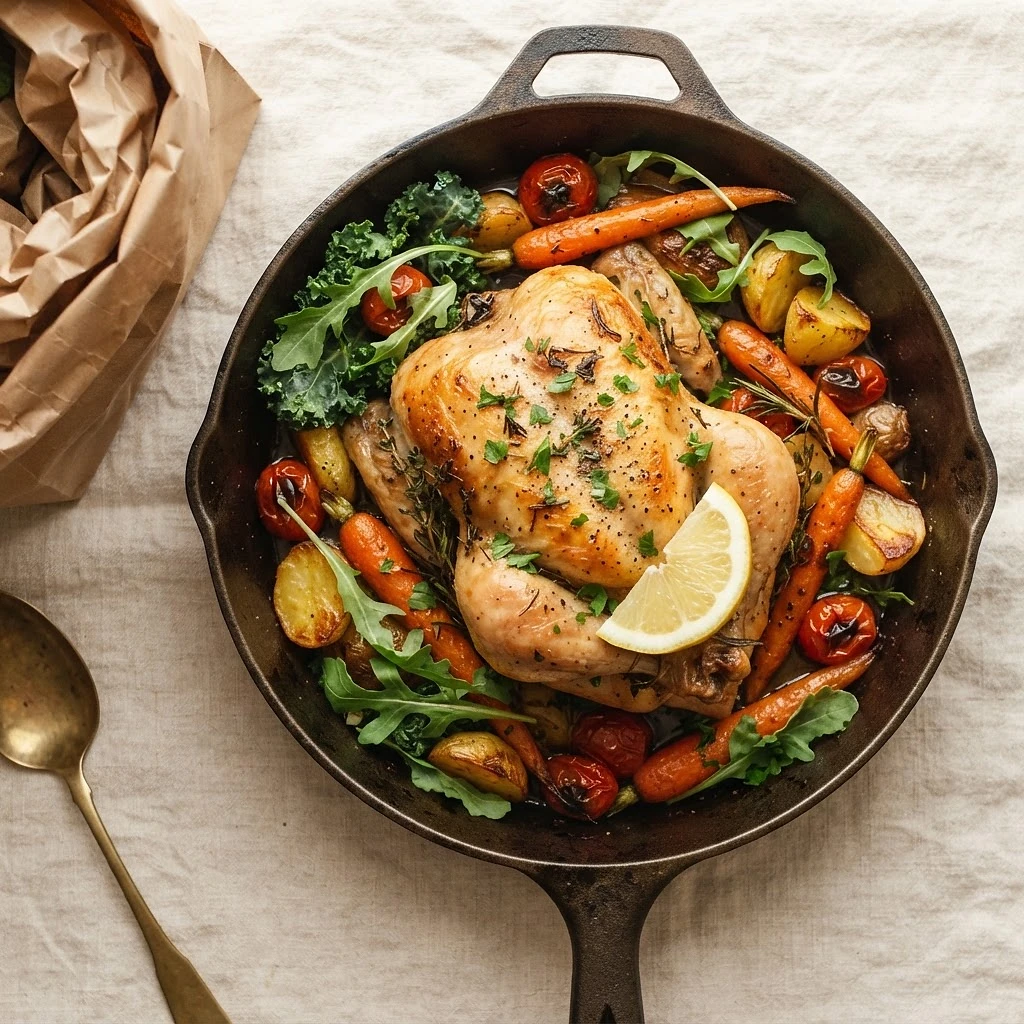 Roast chicken dinner with fresh vegetables from this week's Aldi plan