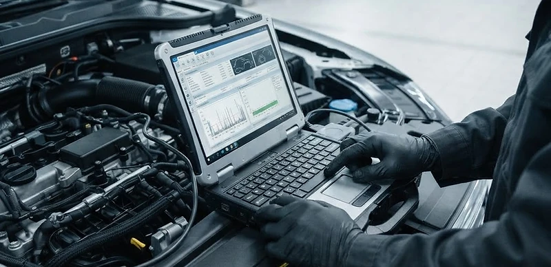 Diagnostic work on a car engine bay