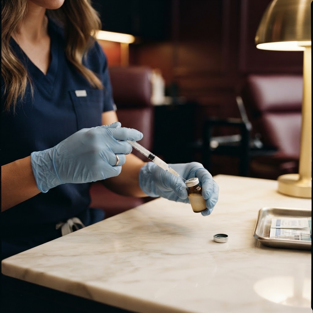 Nurse practitioner preparing biostimulatory dermal filler for a non-surgical Liquid BBL