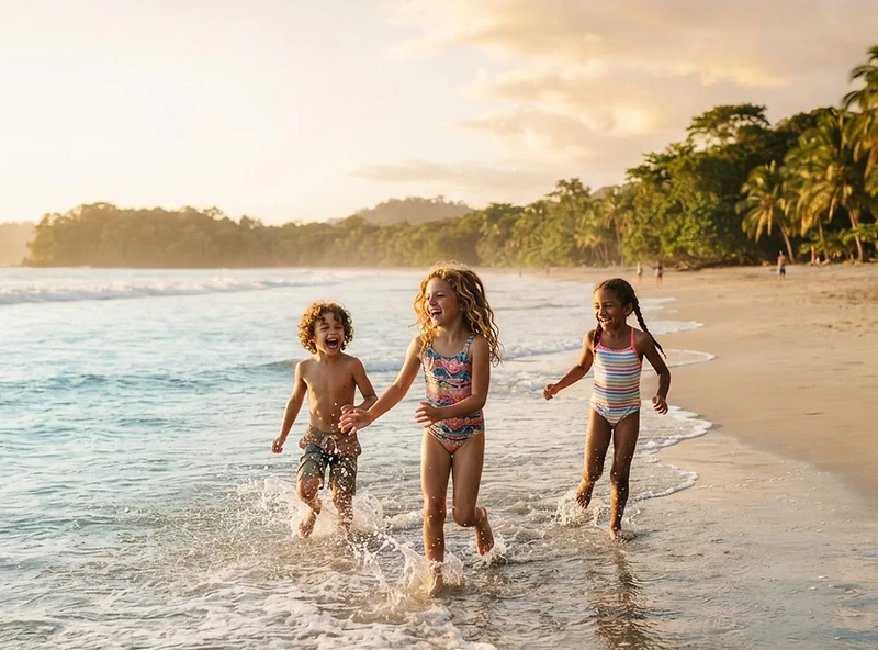 Happy kids playing on a sunny beach in Jaco