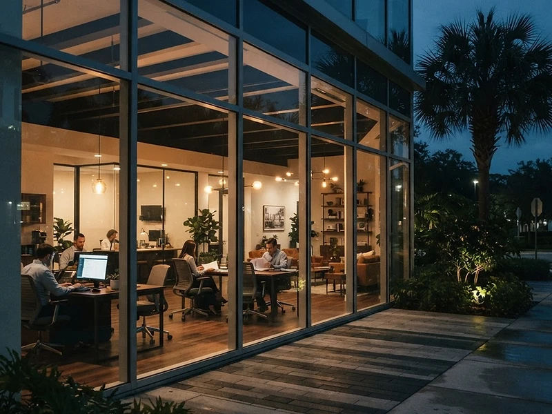 A modern professional workspace glowing with warm light at dusk