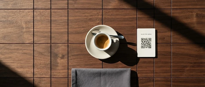 Overhead flat-lay view of a minimalist table with a QR card
