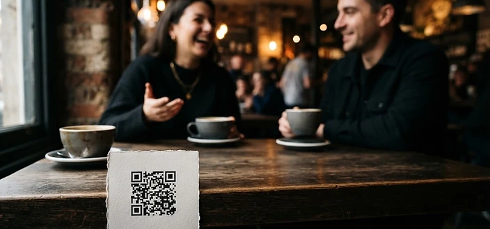 Two people talking over coffee with a Buddy QR card in sharp focus in the foreground