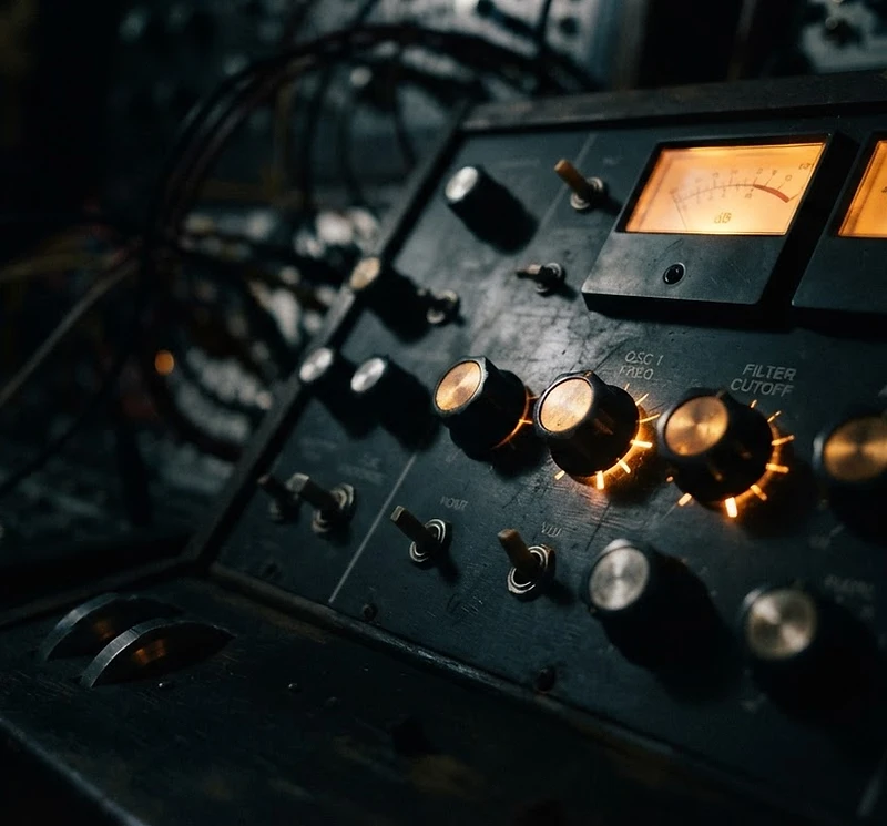 Analog synthesizer in a dark studio