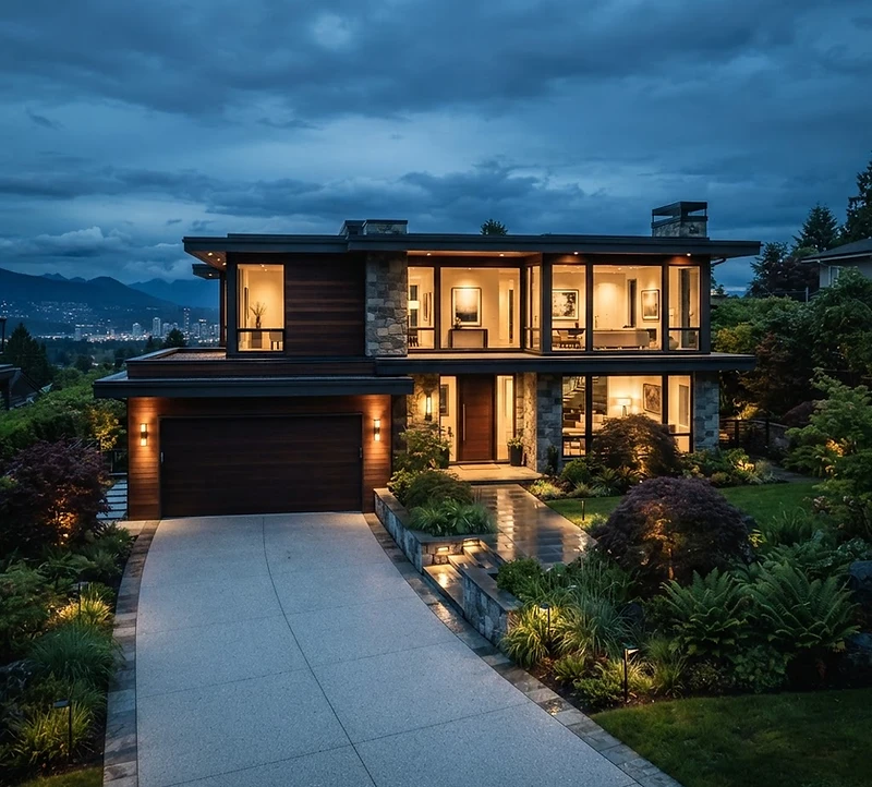 Elegant Vancouver home with a manicured garden and clean driveway at dusk