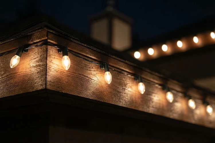 Detail of professional Christmas light installation with clean cable management