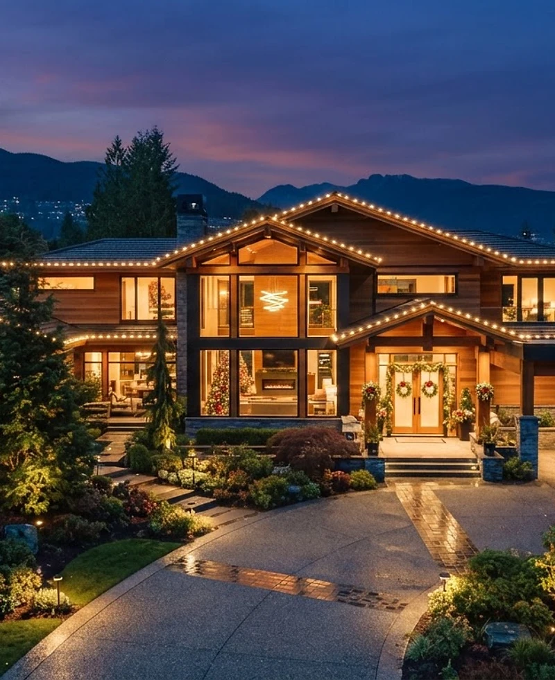 Premium home illuminated with warm-white professional Christmas lights at blue hour
