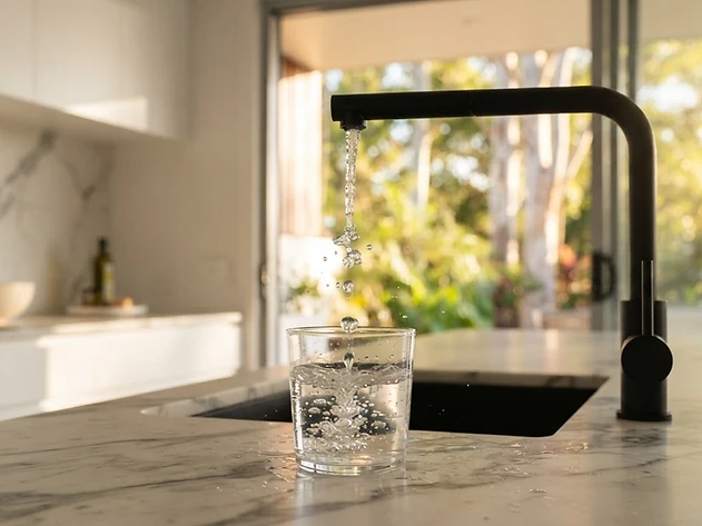 Crystal-clear water pouring into a glass in a modern Brisbane kitchen