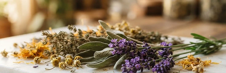 Erbe medicinali su superficie di pietra bianca