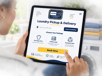 A woman booking a Kwantem Laundry pickup online on a tablet in her home