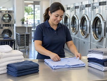 A laundry partner neatly folding clean clothes in a professional laundry facility