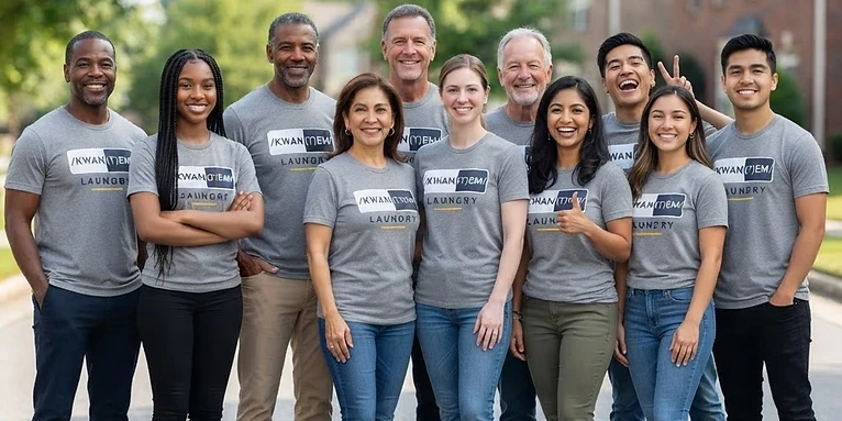 The Kwantem Laundry team, ten crew members in gray Kwantem logo shirts, posing together outdoors