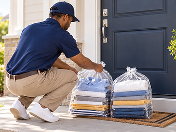 A delivery partner placing freshly folded, bagged laundry on a customer's doorstep