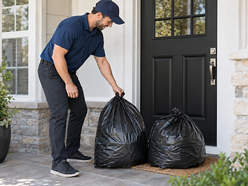 A Kwantem Laundry partner collecting bagged laundry from a customer's doorstep