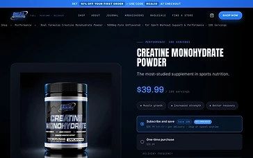 Real Formulas creatine product page with subscribe and save